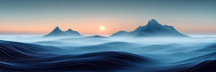 Digital Art Abstract Landscape with Blue and Gray Mountains and Fog, Foreground of Wavy Lines Resembling Water Ripples, Silhouette of Two Distant Peaks Illuminated by Setting Sun, Soft Glow Behind 