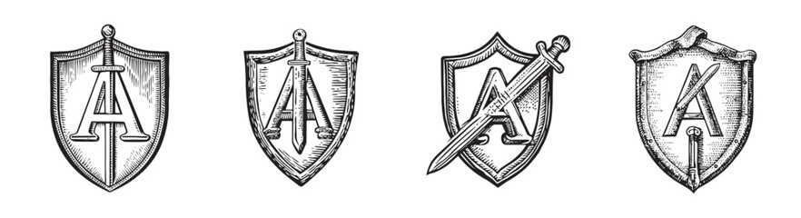 Obraz premium Vintage Shield Designs with Swords and Letter A for Branding Purposes, logo design, engraving design, vector illustration