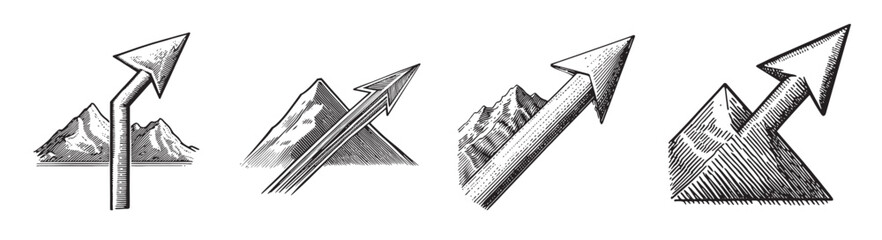 Obraz premium Vintage Style Arrow Designs Pointing Toward Mountain Landscapes, logo design, engraving design, vector illustration