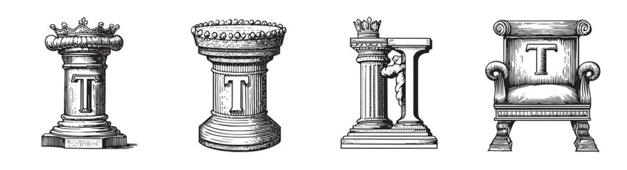 Obraz premium Four Artistic Pillars and Chair Illustrations with Decorative Elements, logo design, engraving design, vector illustration