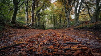 A forest path covered in fallen leaves with trees lining the way in autumn scenery and natural light