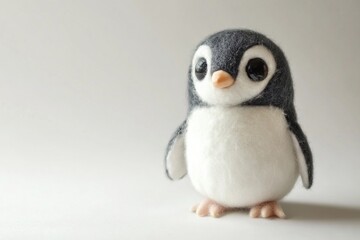 Naklejka premium Cute Baby Penguin Stands Upright on Soft White Background With Big Eyes and a Fluffy Texture Showcasing Its Adorable Features and Charm Generative AI