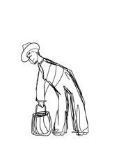 Abstract Cartoon Illustration Man Farming Holding Bucket Wearing Hat Outline Transparent Background