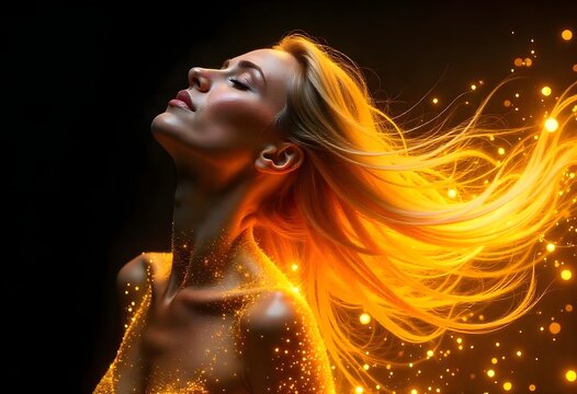 A radiant fantasy portrait of a beautiful woman with glowing golden skin and long, flowing golden hair transforming into a sparkling stream of golden particles and light