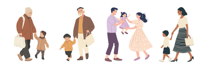 Illustrated diverse family interactions, isolated vector set