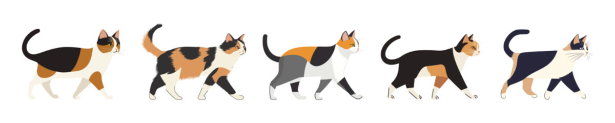 Stylized cats walking pattern isolated illustration, vector set