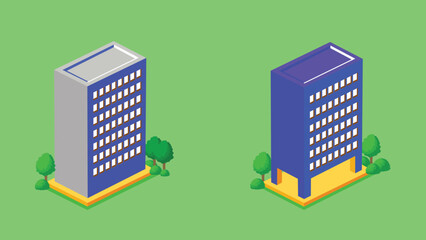 Isometric illustration of city buildings designed as game assets, featuring various architectural styles, streets, and urban elements arranged in an isometric perspective 07