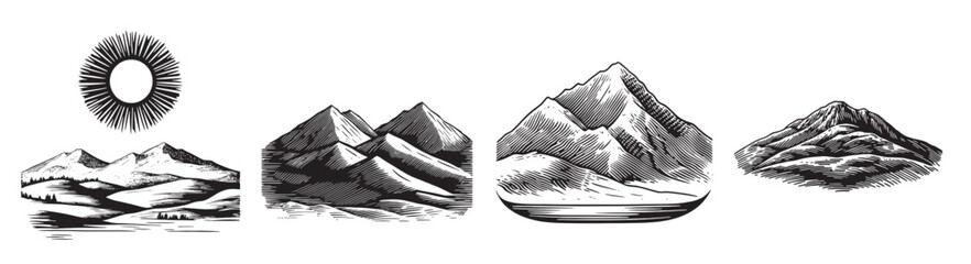 Illustrations of Mountains with Sun and Nature Elements in Black and White, vintage retro hipster logo design, vector illustration, engraving design