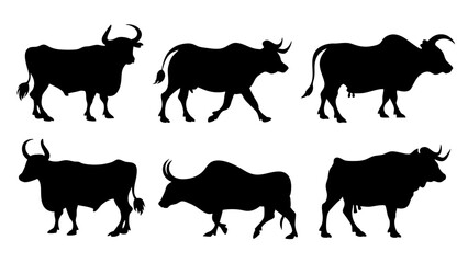 set of cow and bulls silhouette vector on white background