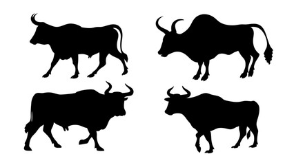 set of cow and bulls silhouette vector on white background