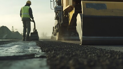 Road Construction Worker Operating Asphalt Compactor