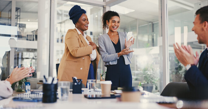 Business people, celebration and woman with trophy, smile and applause for recognition. Person, employees and consultant in office, kpi target and goals with thank you, award ceremony and achievement