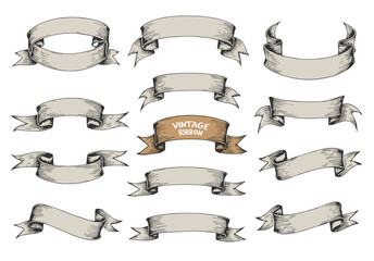 Retro ribbon banners in hand drawn engraving style vector collection