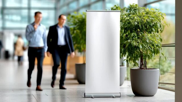Blank advertising banner stand in a modern office space with greenery.