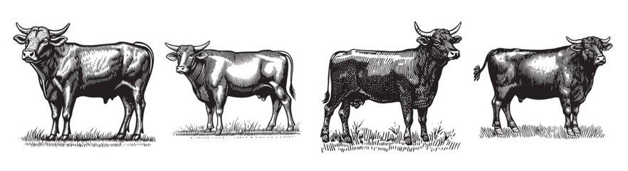 Vintage Ink Illustrations of Cattle in Various Poses and Angles, vintage retro hipster logo design, vector illustration, engraving design