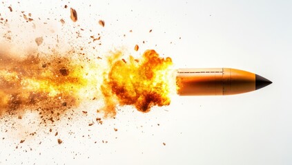 Bullet in flight with explosion effect against white background.