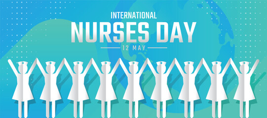 International Nurses day - White paper cutout nurse group on blue green globe texture background vector design