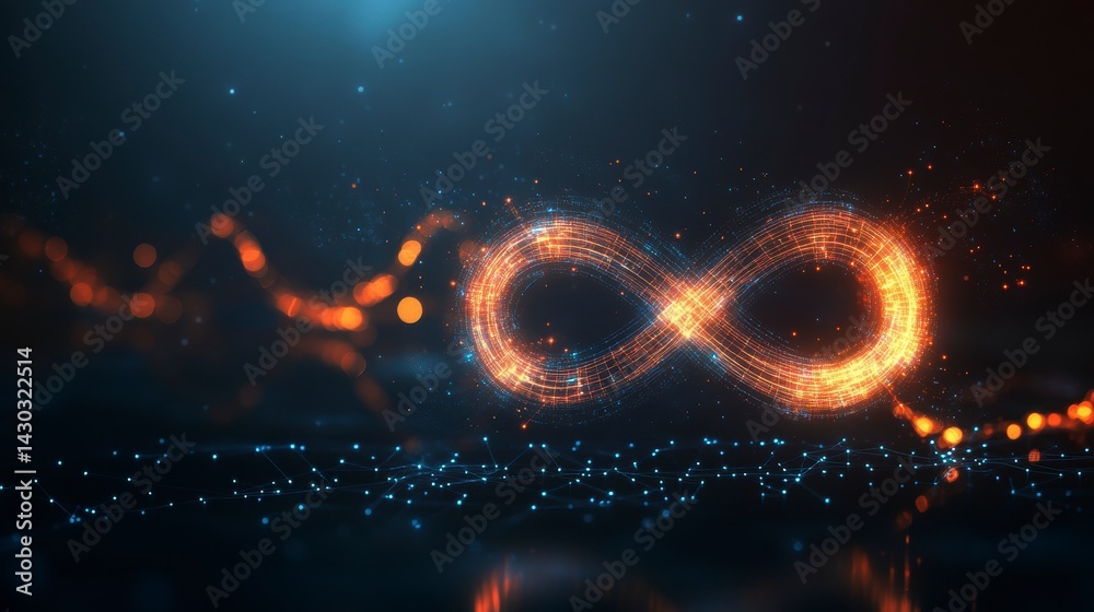 Wall mural glowing infinity symbol formed by particles on dark background.