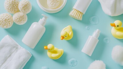 Obraz premium Direct overhead perspective of neatly organized baby bath items on tranquil light blue surface, featuring pure white toiletries, plush cotton accessories, and whimsical yellow ducks, captured with