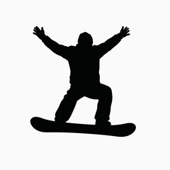 excited snowboarder in black silhouette on white background
