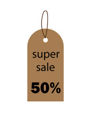super sale 50% brown tag on white background,