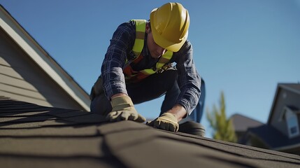 Construction Worker Installing Roof Shingles