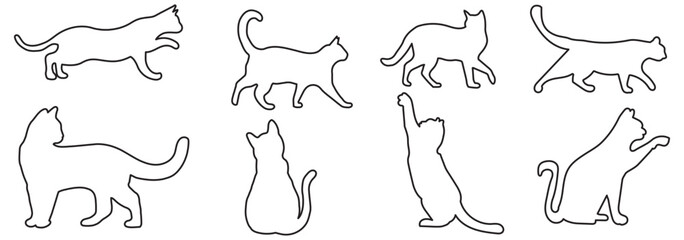 Collection of black cat silhouettes in various poses. Set of black cat silhouette. Kitten silhouette collection isolated on white background.. eps 10 