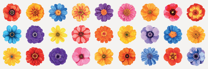 Colorful zinnia flowers collection, element vector set