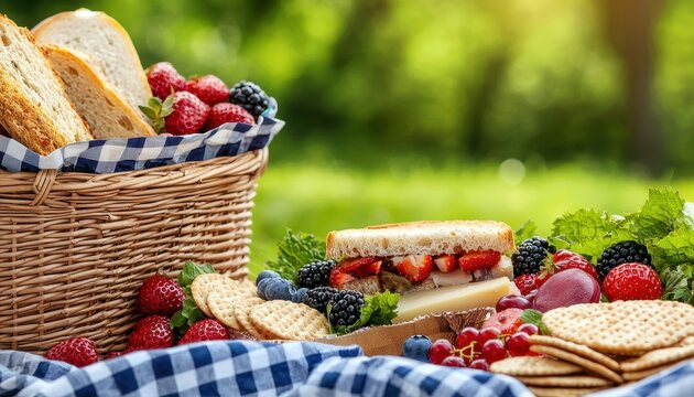Delicious picnic spread featuring fresh fruits and a sandwich.