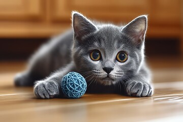 Naklejka premium Adorable Gray Kitten Playing with Blue Ball Toy