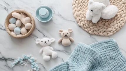 modern baby bath accessories arrangement, neutral toned stuffed animals, natural wood elements, woven cotton textiles, pale blue ceramics, gentle color palette, clean marble background, hygge nursery