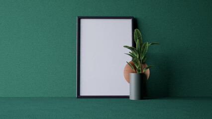 A minimalist interior scene featuring a blank frame green wall and a green plant on a textured green background. 3d rendering.