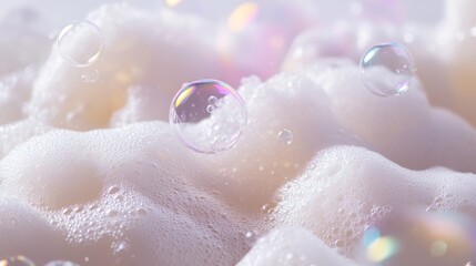 Fototapeta premium Fluffy soap foam landscape, dancing bubbles, creamy white texture, iridescent spheres, airy foam peaks, pristine background, commercial product photography, diffused lighting