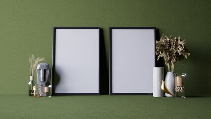 A minimalist interior scene featuring empty picture frames, decorative vases, dried flowers, and a stone sculpture against a textured green background. 3d rendering.