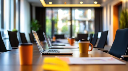 Empty modern conference room with laptops and coffee cups on a long table. Blurred background with city views.
