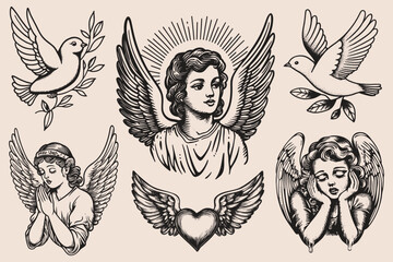 Old school tattoo ink element isolated vector set