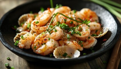Bowl of cooked shrimp with herbs on a wooden surface close up.