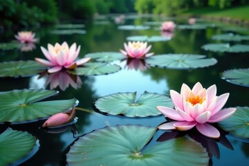 Pastel water lilies create a floral pattern across a still lake, still, pink