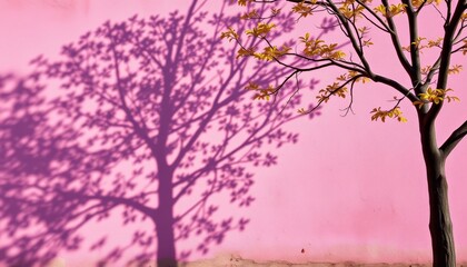 Abstract colorful tree branch shadow on pink concrete wall, minimal, rose gold