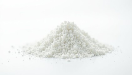 Pile of white granulated sugar on white background, crisp, sweetner, confectionery