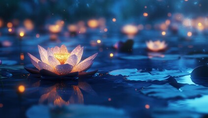 Lotus flowers float on water with bokeh lights in a dreamy scene.