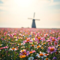 Vibrant field of daisies with windmill backdrop creating a serene scenery