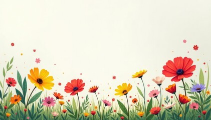 Fototapeta premium Scattered wildflowers, minimal lines, light background , nature, blue