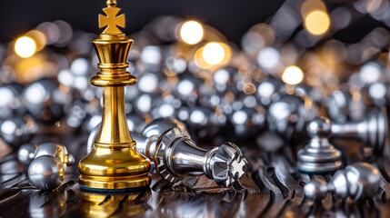 Close-Up of a Single Golden Chess King Piece on a Dark Wooden Board Surrounded by Scattered Silver Pawns, Symbolizing Market Dominance, Power, and Strategic Control in Business and Leadership
