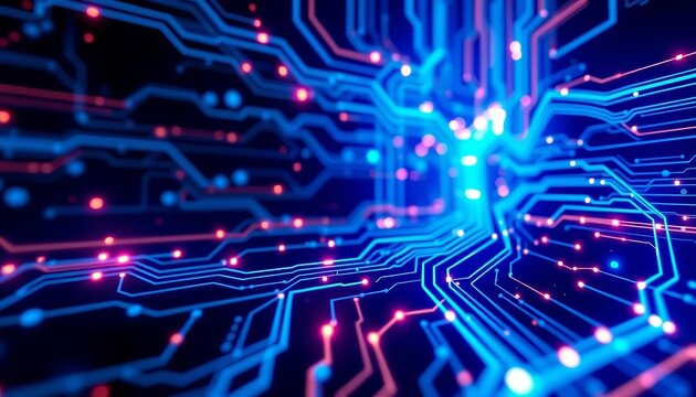 Abstract futuristic blue digital tech background with glowing lines and circuits, light, computer