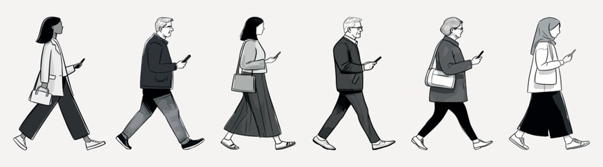 Monochrome pedestrians using smartphones, isolated vector set