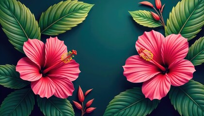 Fototapeta premium Bold, graphic hibiscus blossoms & tropical leaves, pink, orange, blossom