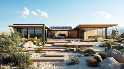 Obraz premium A Sleek and Sustainable Modern Desert Home Blending Minimalist Architecture with Natural Desert Landscape and Eco Design