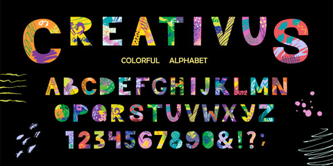 Funny art alphabet. Vector hand drawn cute typography. Kid funky letter design with doodle, scribble and paint stains