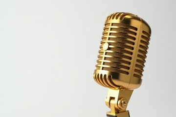 Fototapeta premium Close-up of a single gold microphone on white , recording, abstract